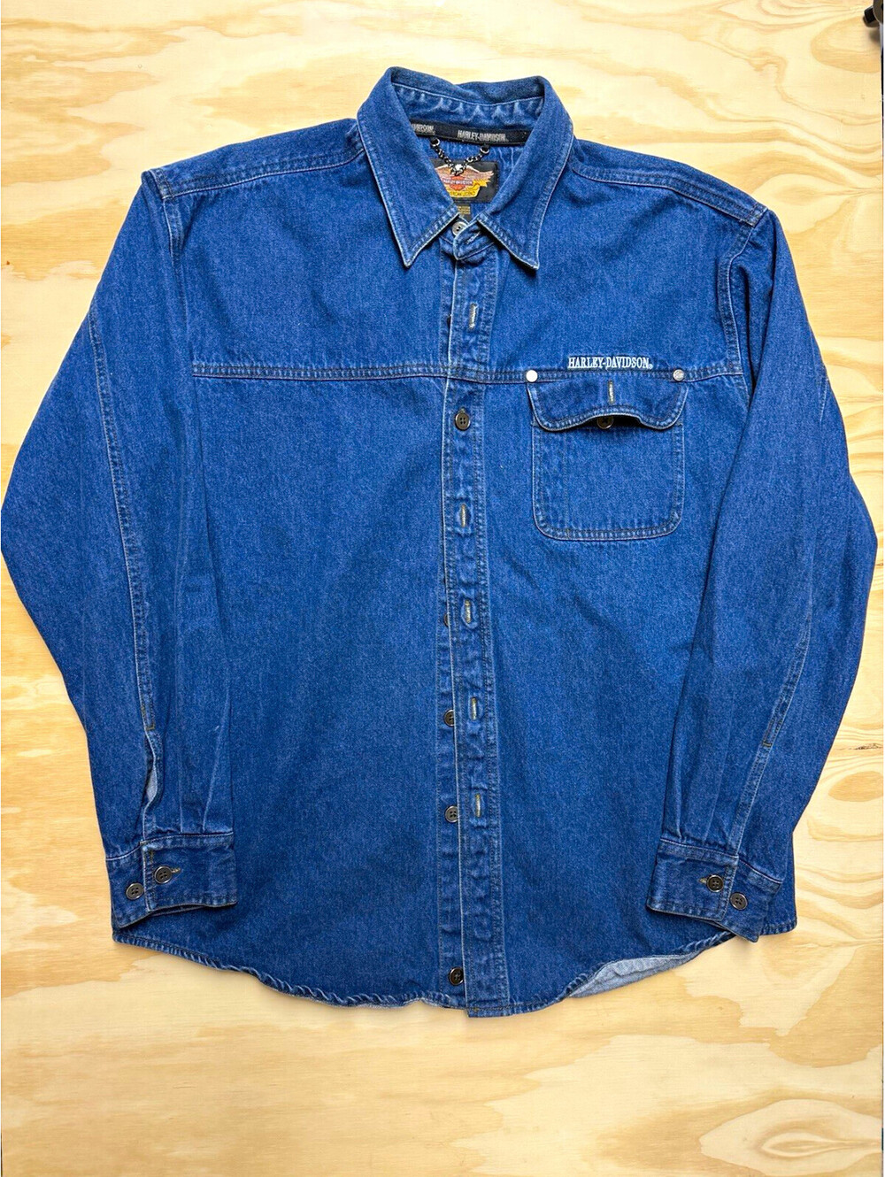 Harley-Davidson Men’s L Blue Denim Cotton Long Sleeve Button-Up Shirt Pockets